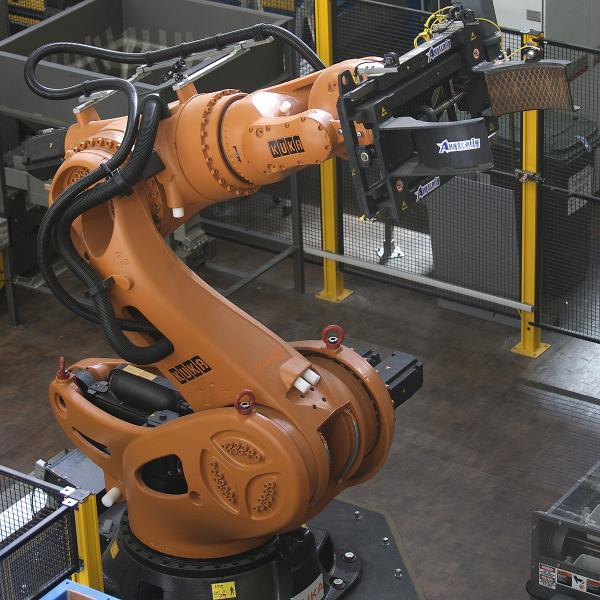 High payload capacity makes the Titan robot ideal for palletizing barrels, drums, raw materials, and other products, courtesy Kuka Robotics.  http://www.kuka-robotics.com/usa/en/